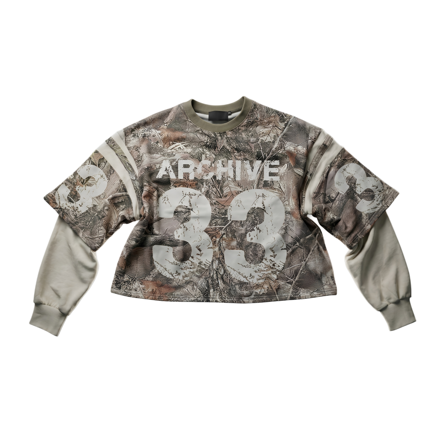 oversized Y2K-inspired camouflage long sleeve tee featuring a "33"