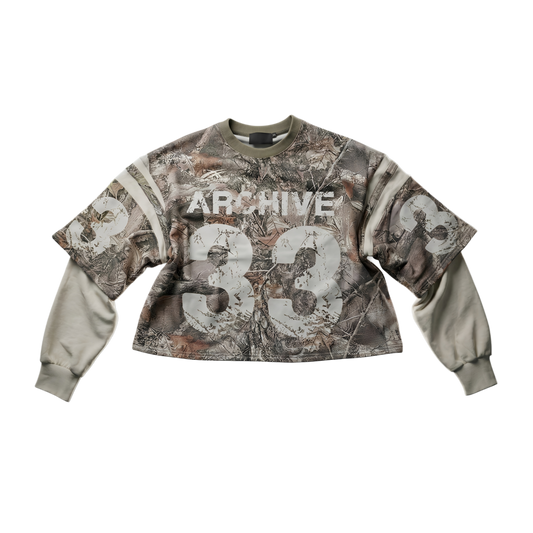 oversized Y2K-inspired camouflage long sleeve tee featuring a "33"